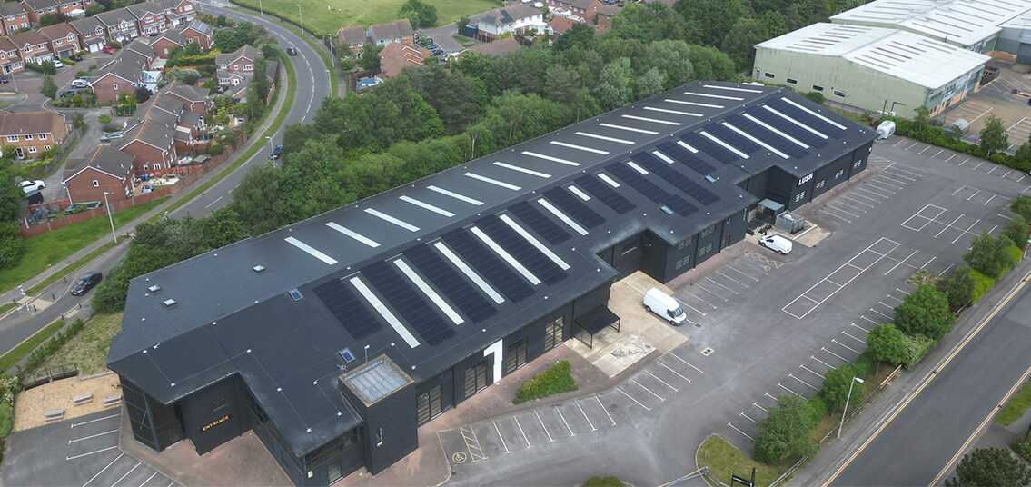 Lush solar panel installation from above