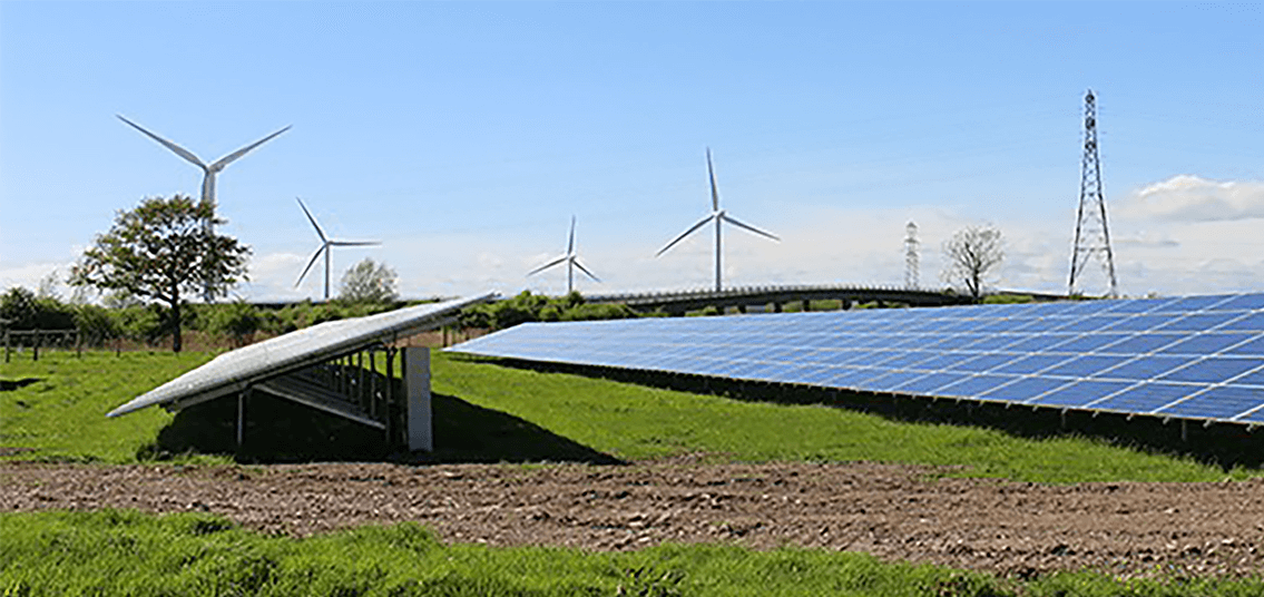Moorhouse Lane Solar Park view with wind turbines