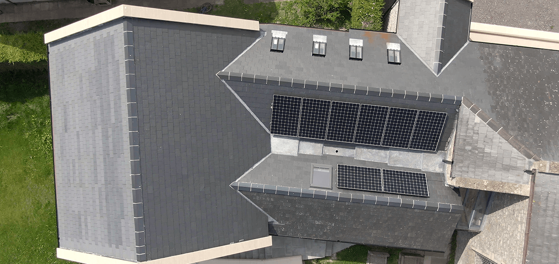 Pilton Church slates solar panels aerial view of panels
